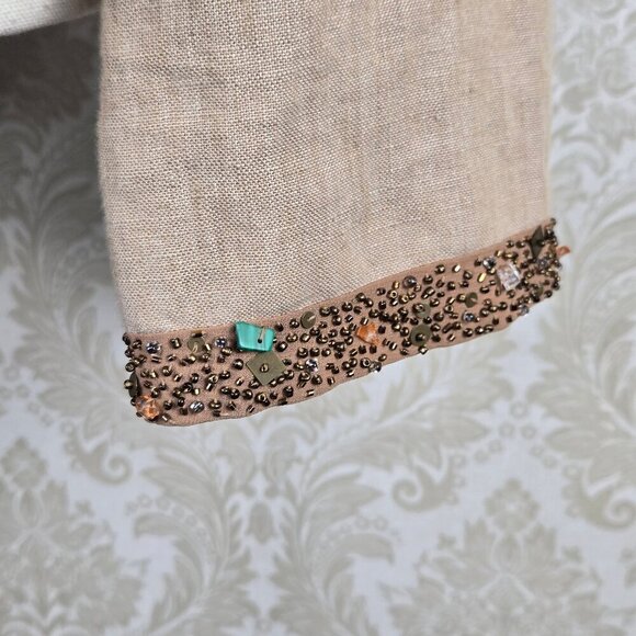 Carole Little Petite Size PXL Tan Linen Jacket Snap Front Beaded Detail Lined - Picture 5 of 12